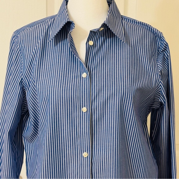 CHAPS Blue White Striped Long Sleeve Button Pinstripes Blouse Sz Medium - Picture 3 of 13